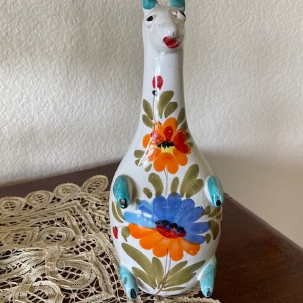 Vintage * WHITE Ceramic Girl LLAMA BANK ~ Handpainted COLORFUL FLOWERS - 9" tall